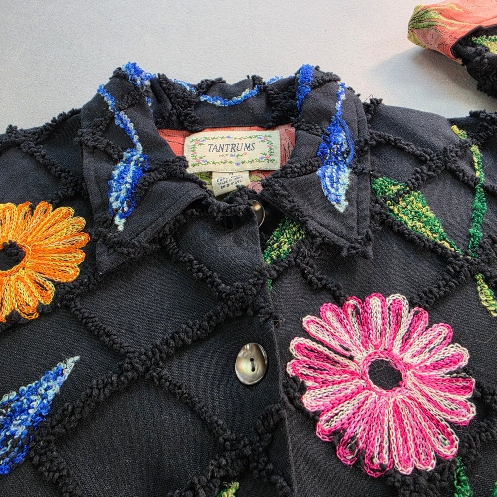 Tantrums Black Floral Embroidered Cotton Lattice Jacket M Boho Whimsigoth Vtg - Picture 7 of 13